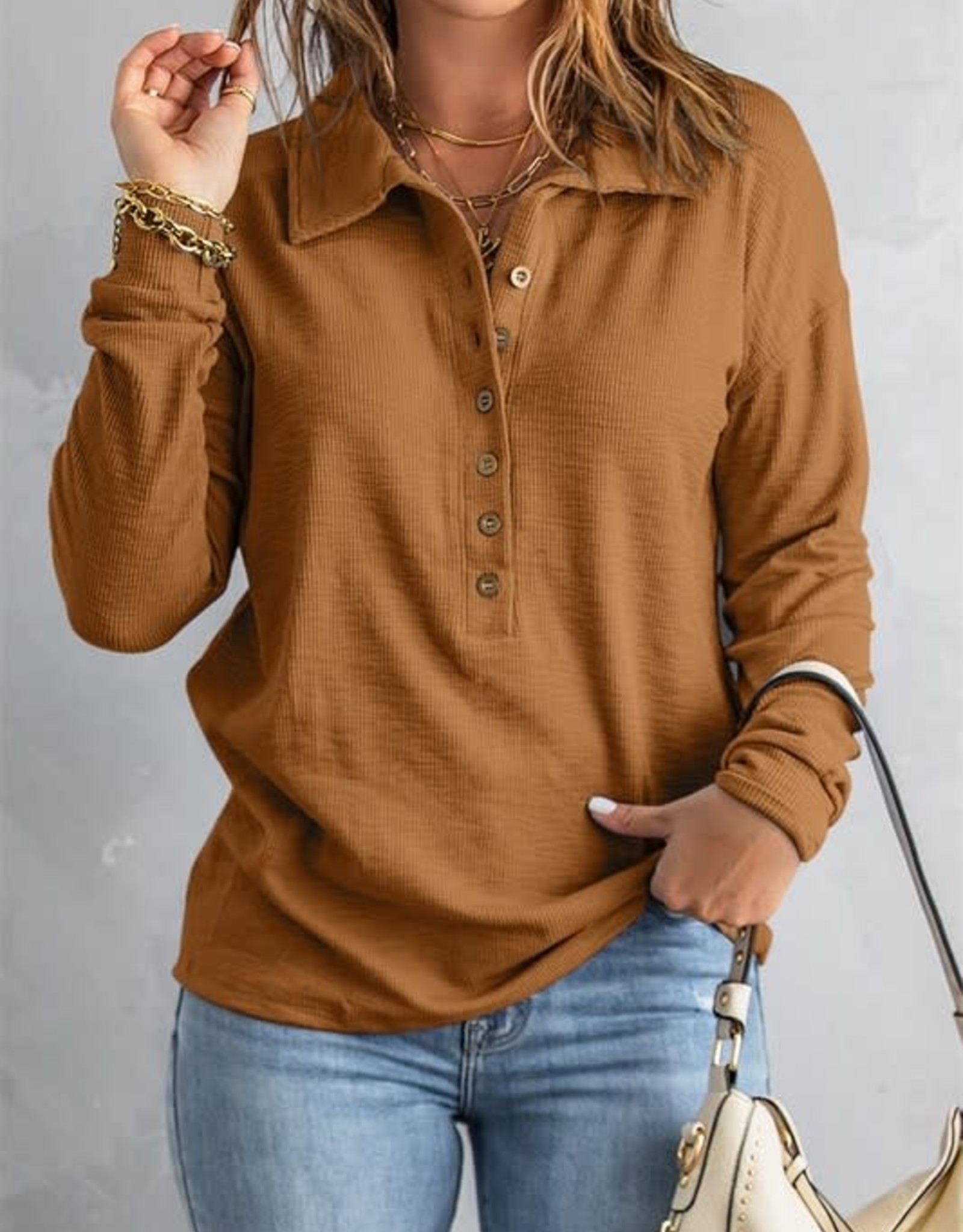 - Brown Button Front Turn-down Neck Knit Top