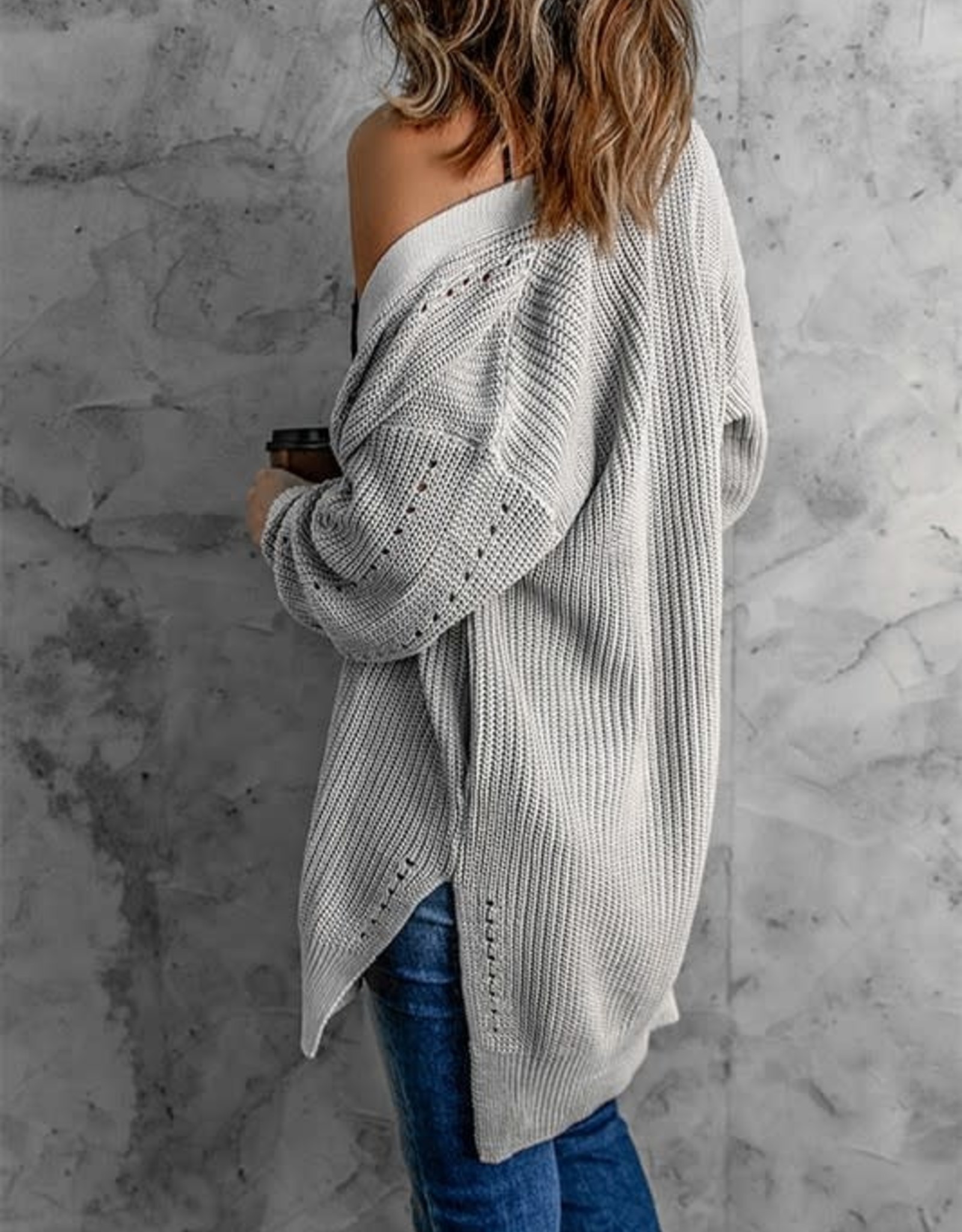 - Beige Drop Sleeve Cable Knit Cardigan with Slits