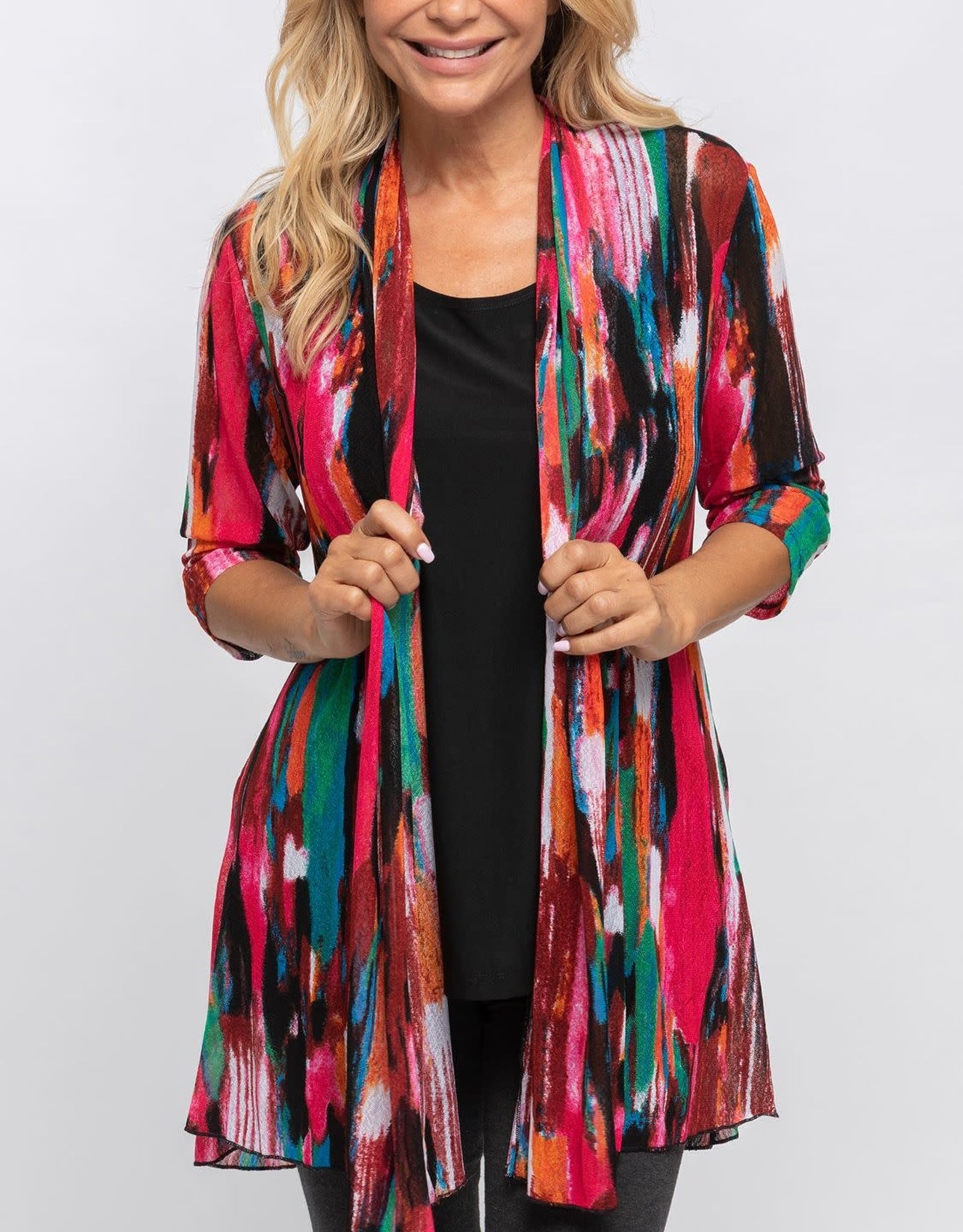 - Pink Multi Color Print 3/4 Sleeve Mesh Cardigan