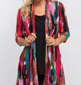 - Pink Multi Color Print 3/4 Sleeve Mesh Cardigan