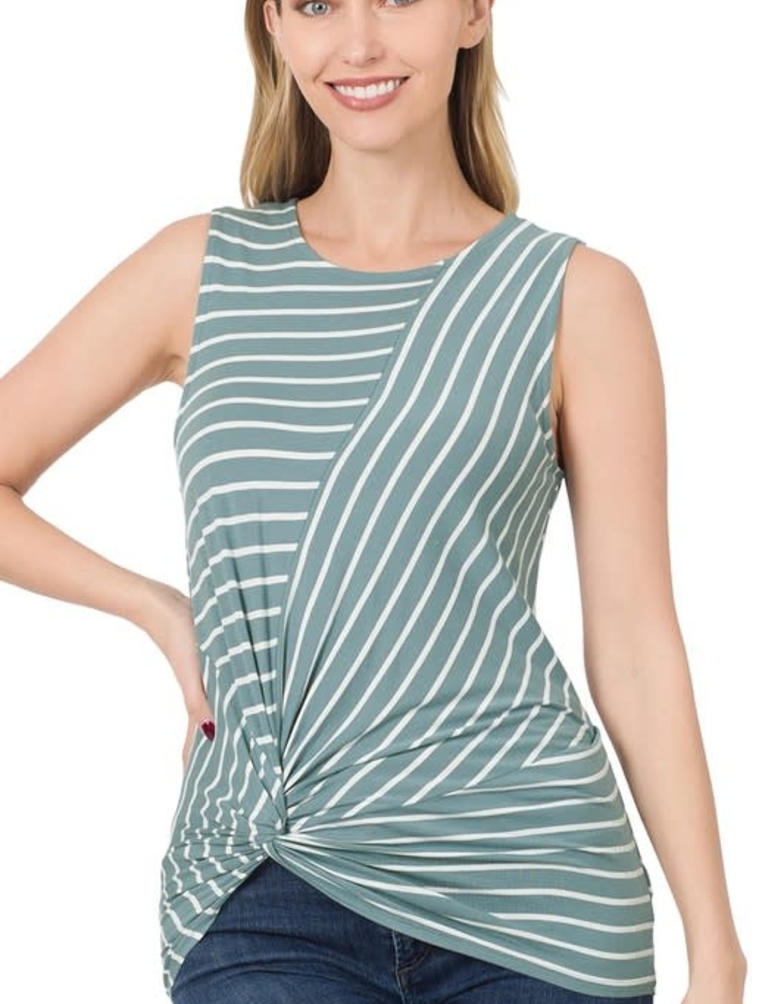 - Blue Grey/Ivory Striped Knot-Front Tank