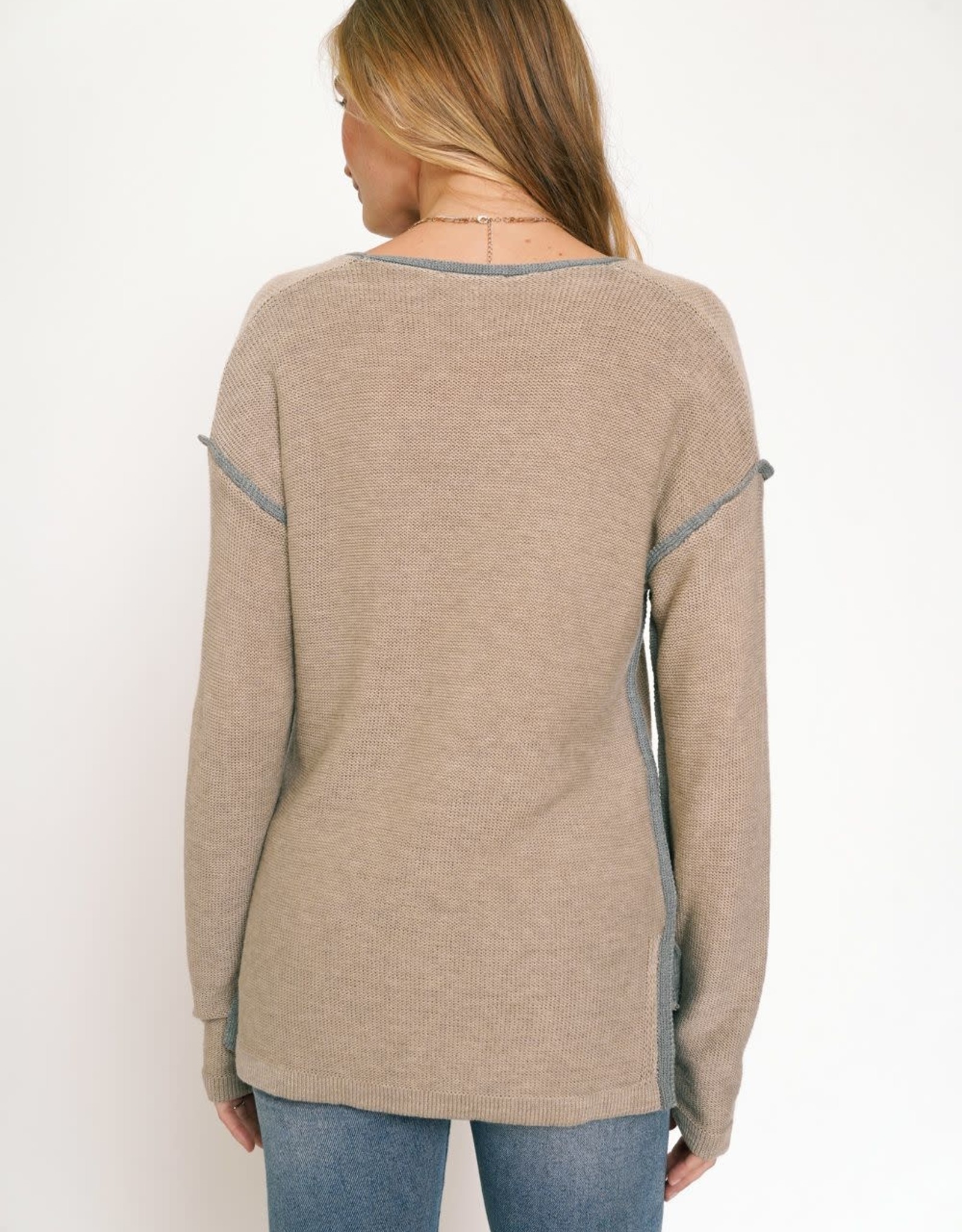 - Mocha V-Neck Sweater w/Contrast Piping