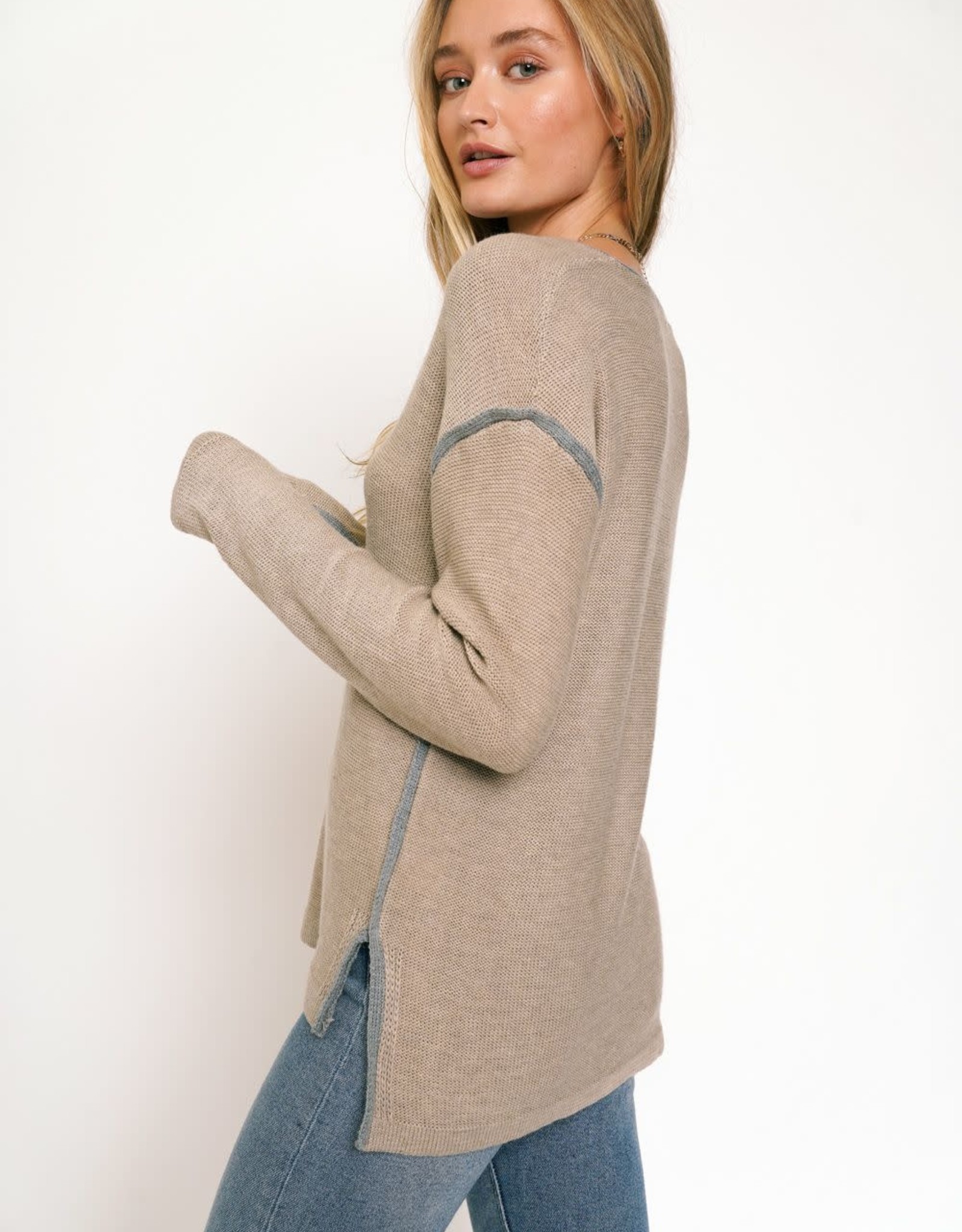 - Mocha V-Neck Sweater w/Contrast Piping