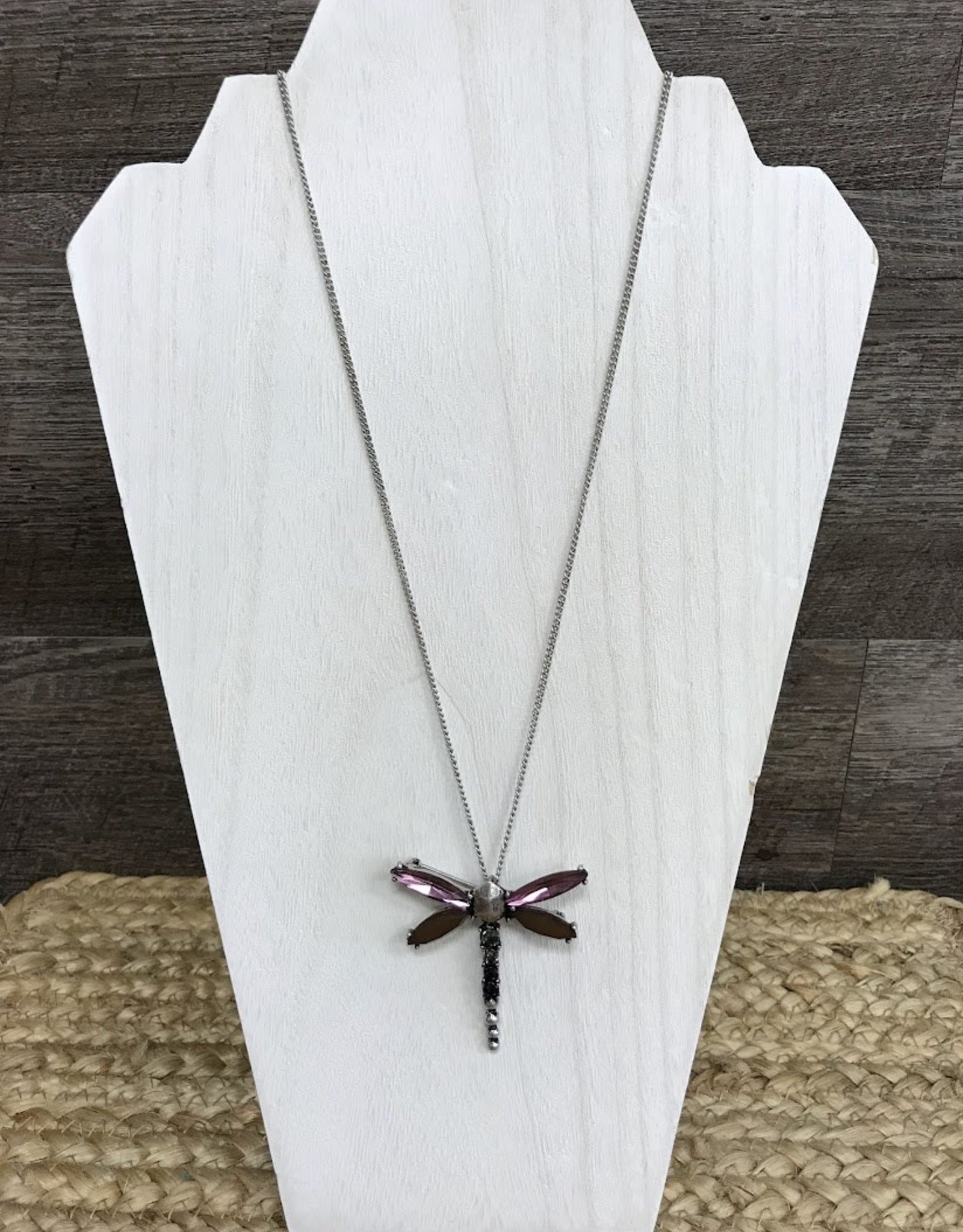 - Silver Long Necklace w/Purple Gem Dragonfly
