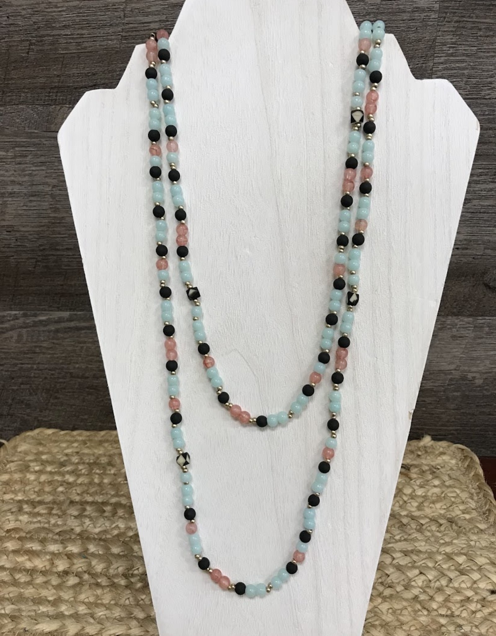 - Black/Mint/Pink Beaded Long Necklace