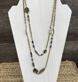 - Matte Gold Blue/Green Beads Long Necklace