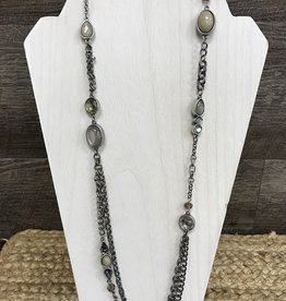 - Matte Silver Long Necklace w/Taupe Gems