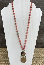 - Gold Coral Beaded Long Necklace w/Charms