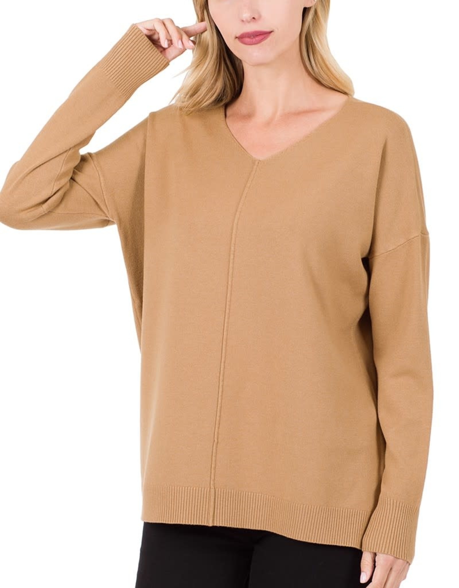 Deep Camel V-Neck Sweater w/ Center 