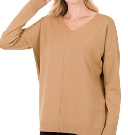 - Deep Camel V-Neck Sweater w/ Center Seam