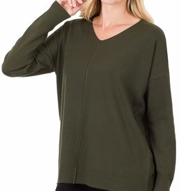 - Dark Olive V-Neck Sweater w/ Center Seam