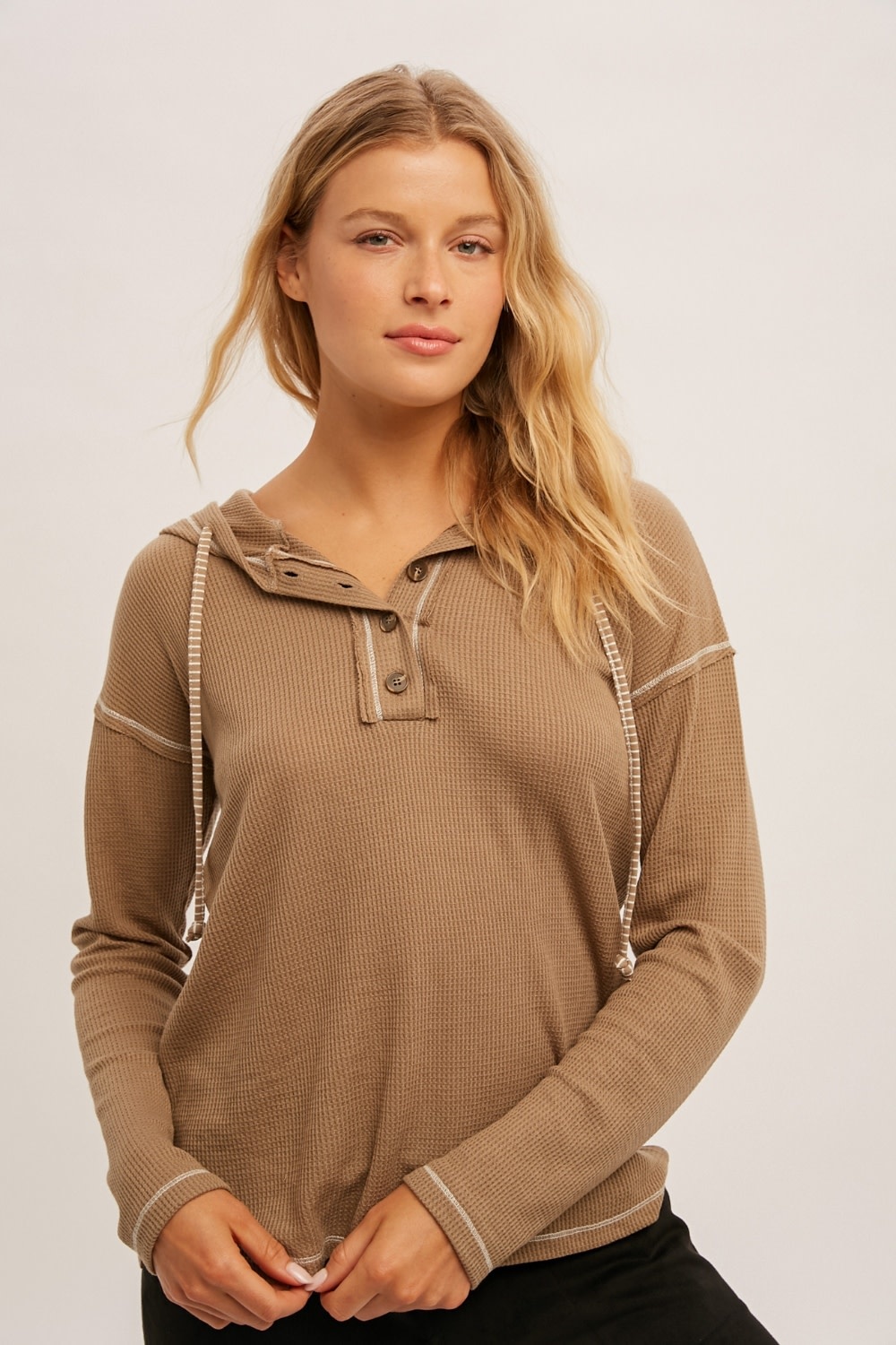 Taupe Thermal Long Sleeve Henley Hoodie 