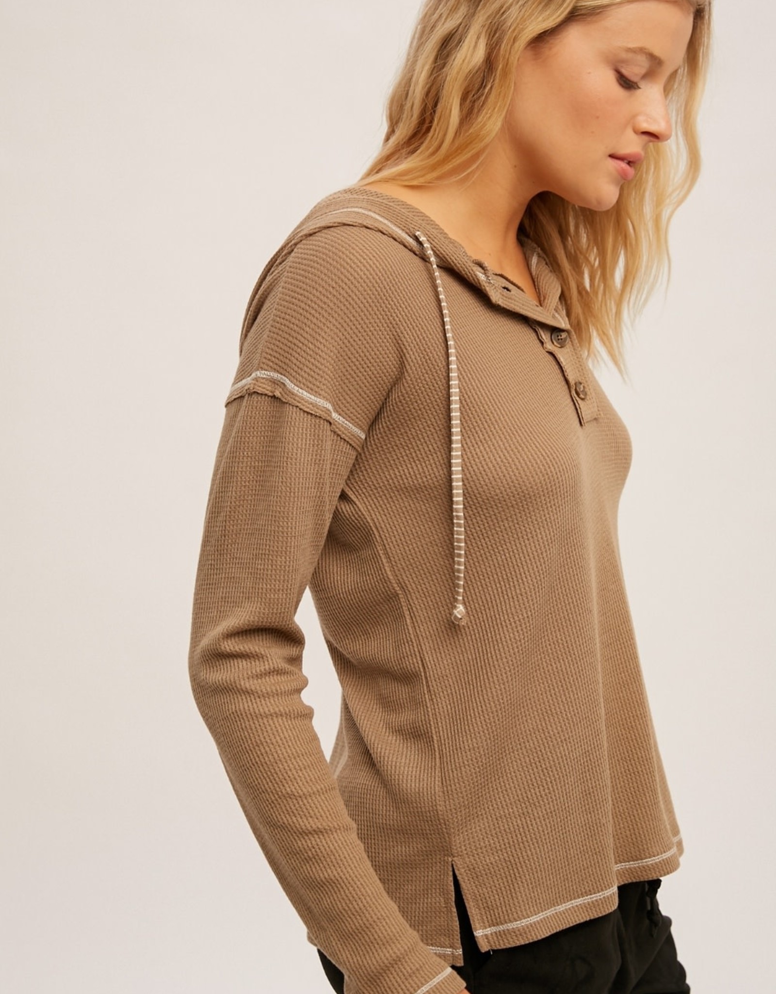 Taupe Thermal Long Sleeve Henley Hoodie 
