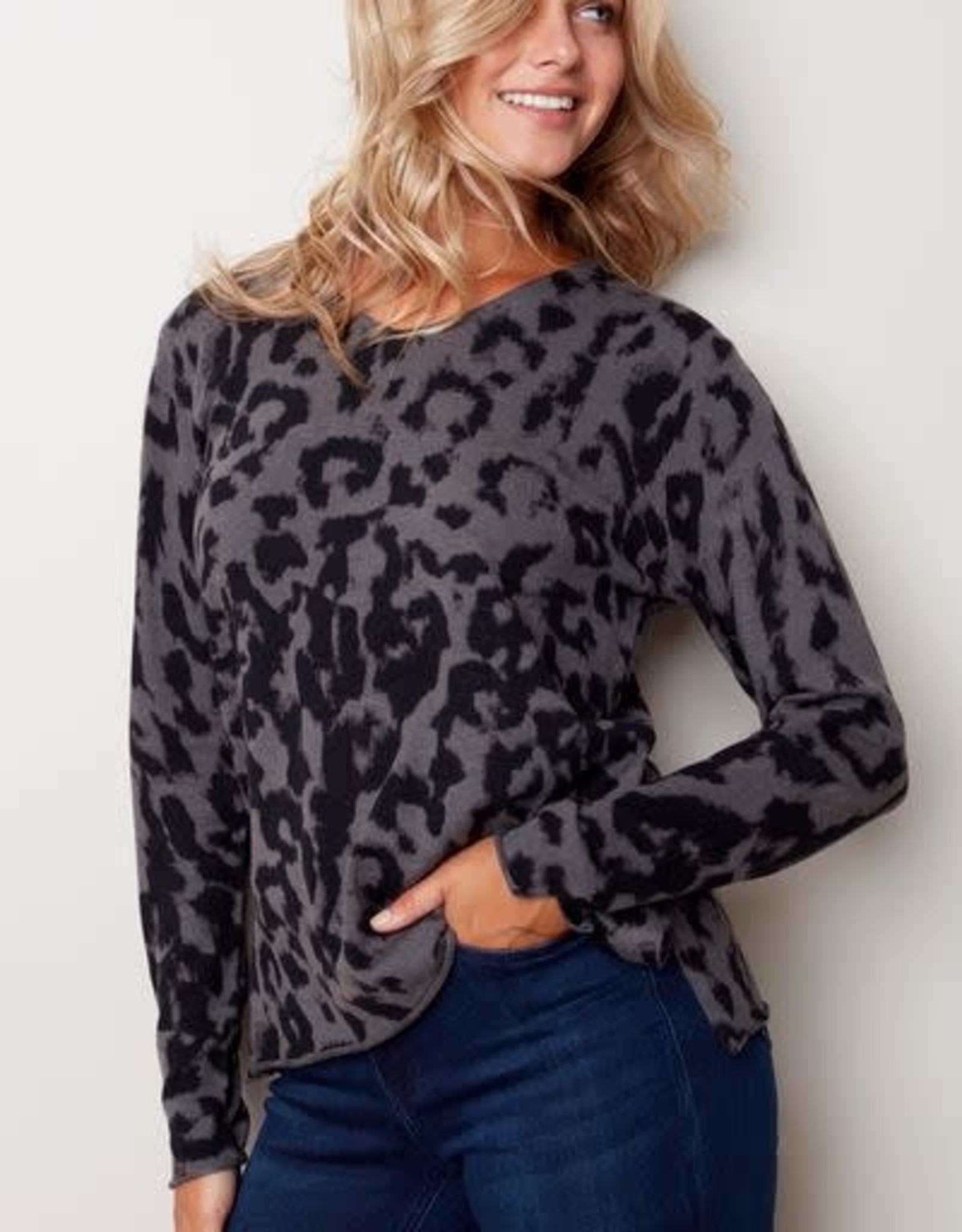 Charlie B Charcoal Animal Print V-Neck Long Sleeve Sweater