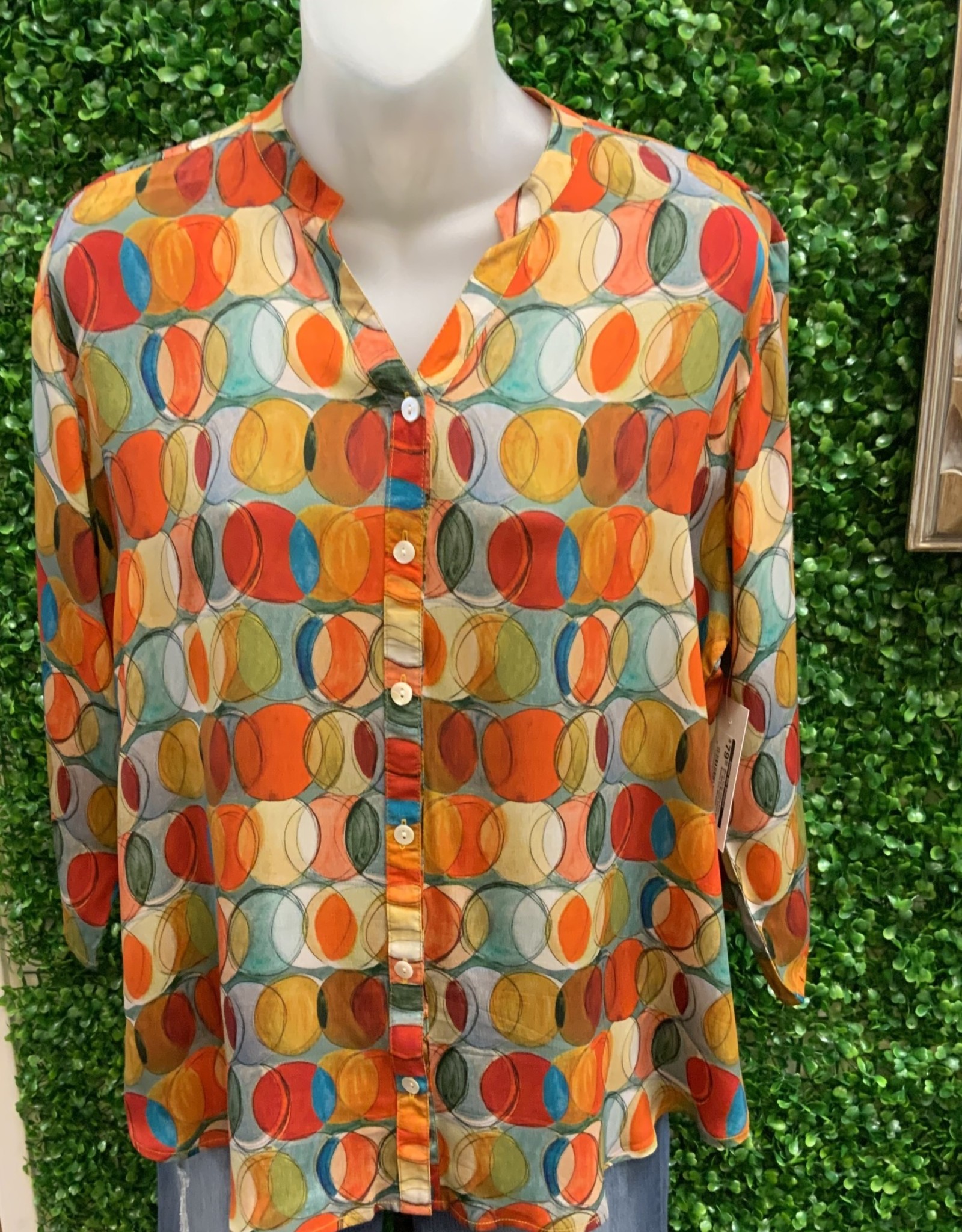 - Multi Color Circle Print V-Neck Button Down 3/4 Sleeve Top