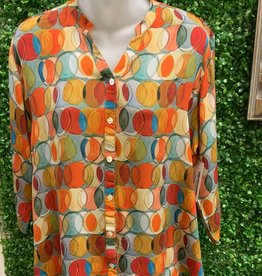 - Multi Color Circle Print V-Neck Button Down 3/4 Sleeve Top