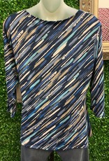 Blue Diagonal Stripe Pattern Round Neck 3/4 Sleeve Top w/Side Front Tie