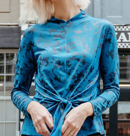 Clara Sunwoo Teal Blue Abstract Splatter Print Top w/Front Center Tie