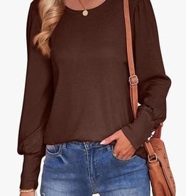 - Coffee Button Cuff Puff Long Sleeve Round Neck Top
