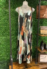 - Green/Plum Brush Stroke Print Sleeveless Dress