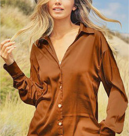 - Vintage Camel Silky Satin V-Neck Button Closure Shirt