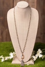 - Smokey Grey Beaded Long Necklace w/Tassel