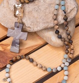 - Multi Color Natural Bead Necklace w/Crystal & Cross Pendant