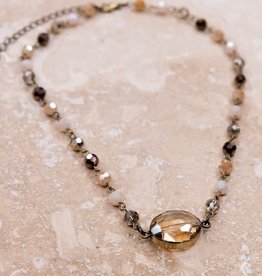 - Bronze Multi Color Bead Short Necklace w/Gem