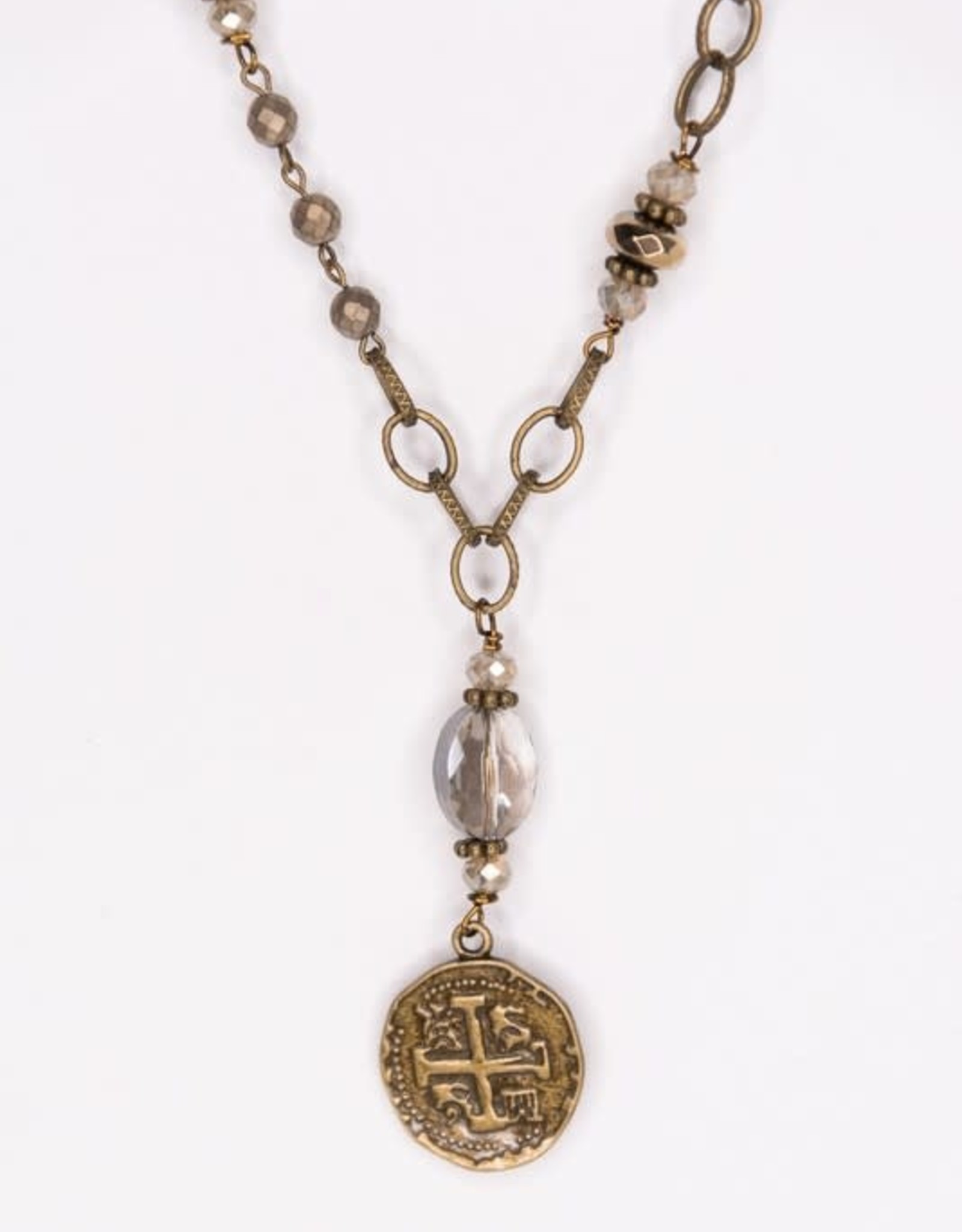 - Brass Beaded Long Necklace w/Brass Pendant