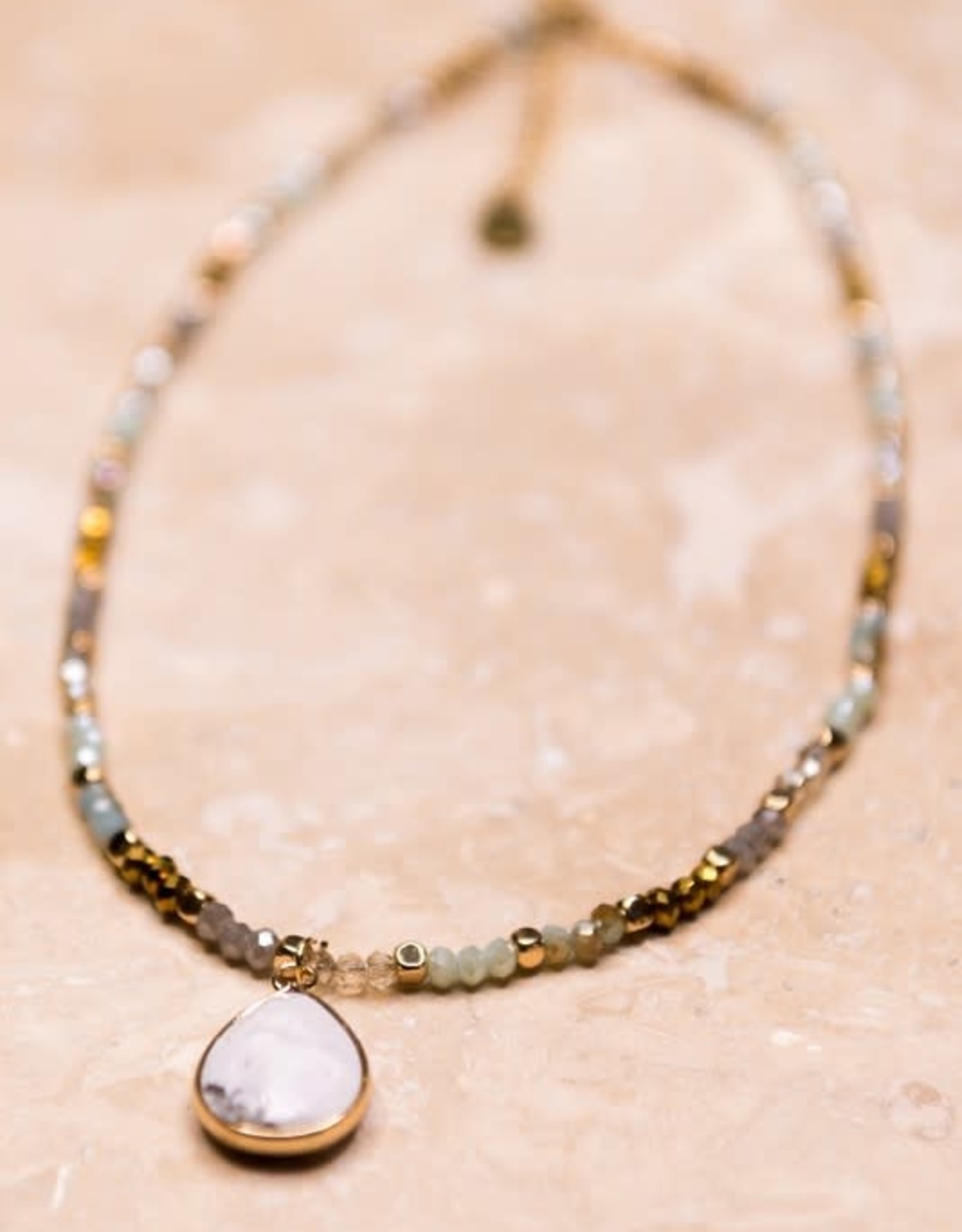 - Blue/Gold Beaded Short Necklace w/Marble Pendant