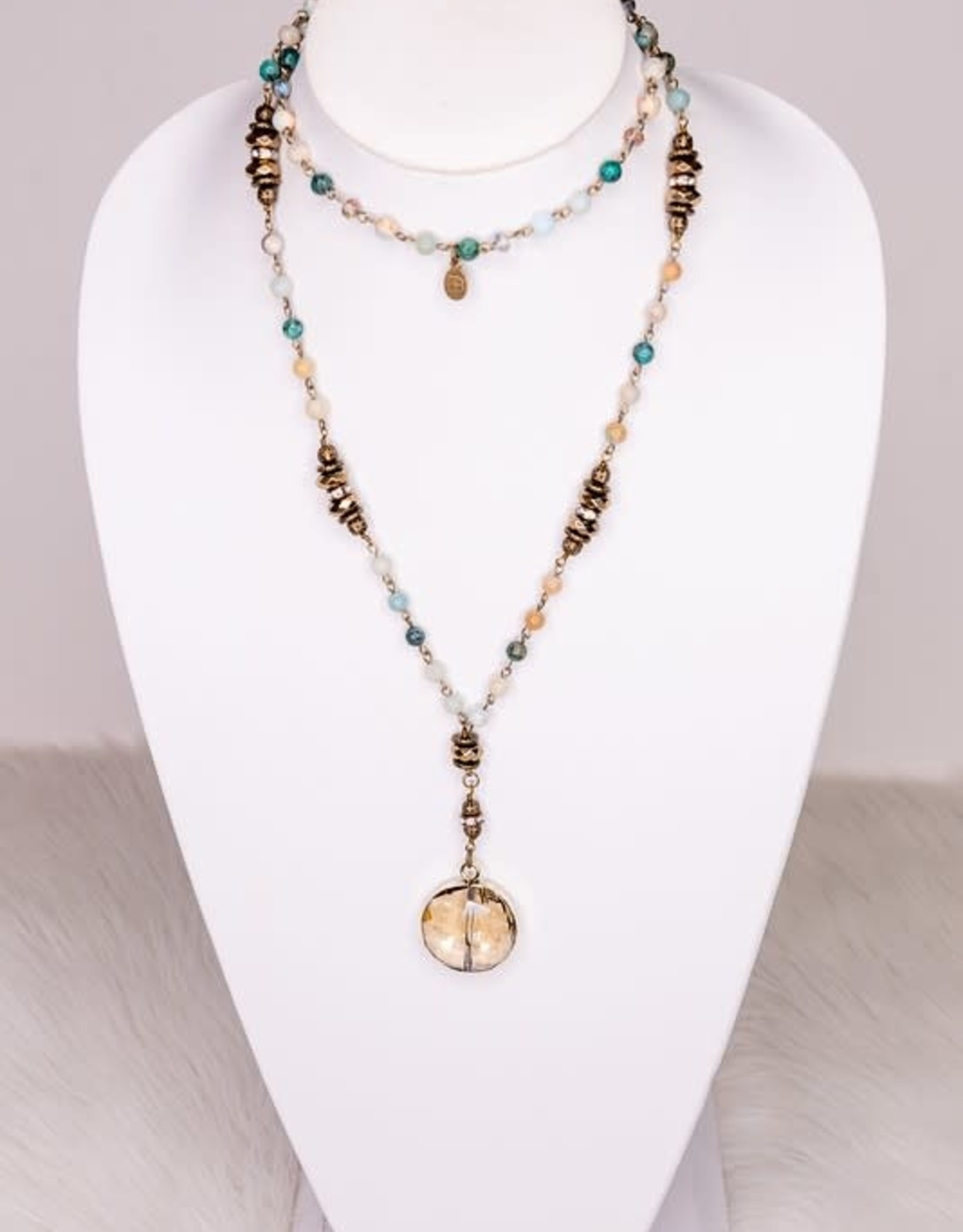 - Blue/Brass Beaded Long Necklace w/Gem Pendant