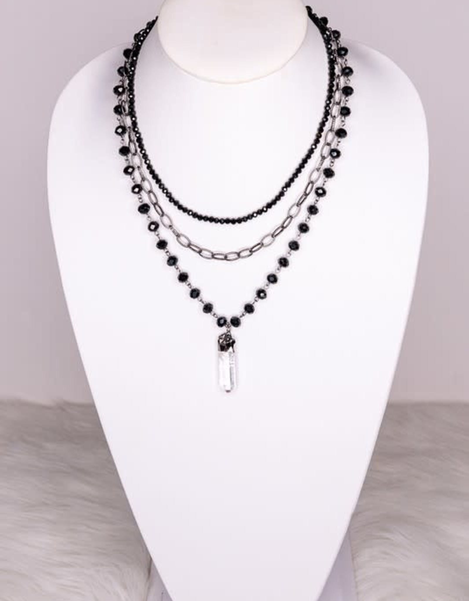 - Black Beaded 3 Layer Necklace w/Crystal