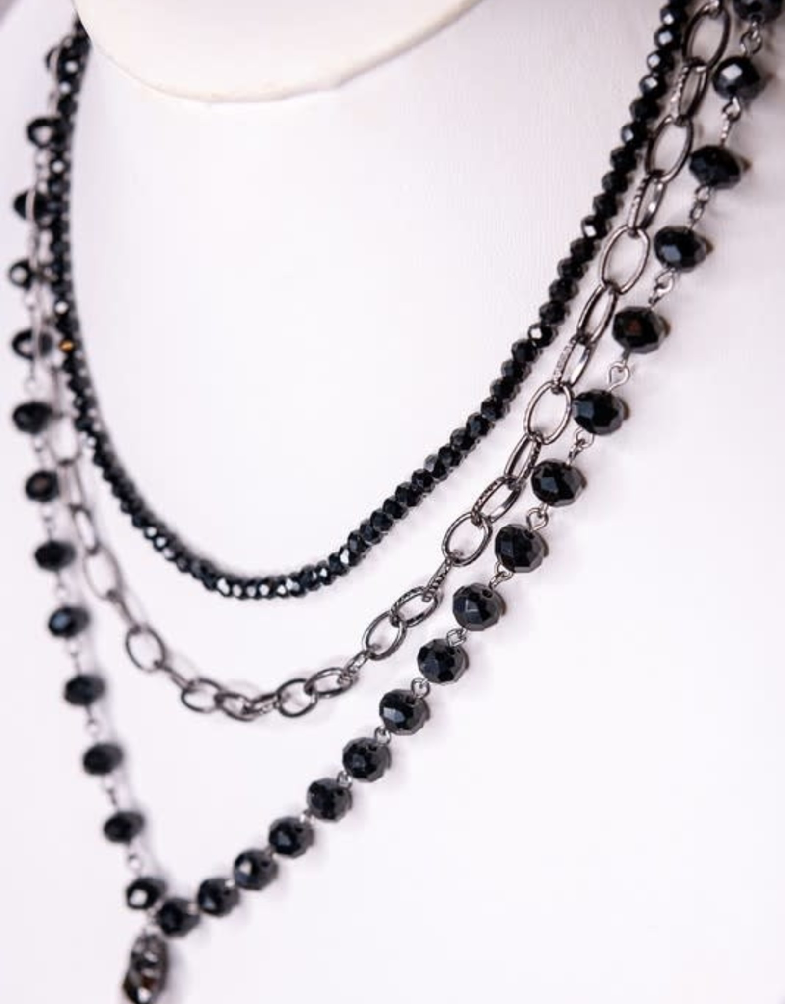 - Black Beaded 3 Layer Necklace w/Crystal