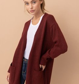 - Burgundy Open Front 3/4 Length Cardigan w/Pockets
