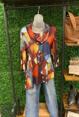 - Multi Color Print Cowl Neck 3/4 Sleeve Top