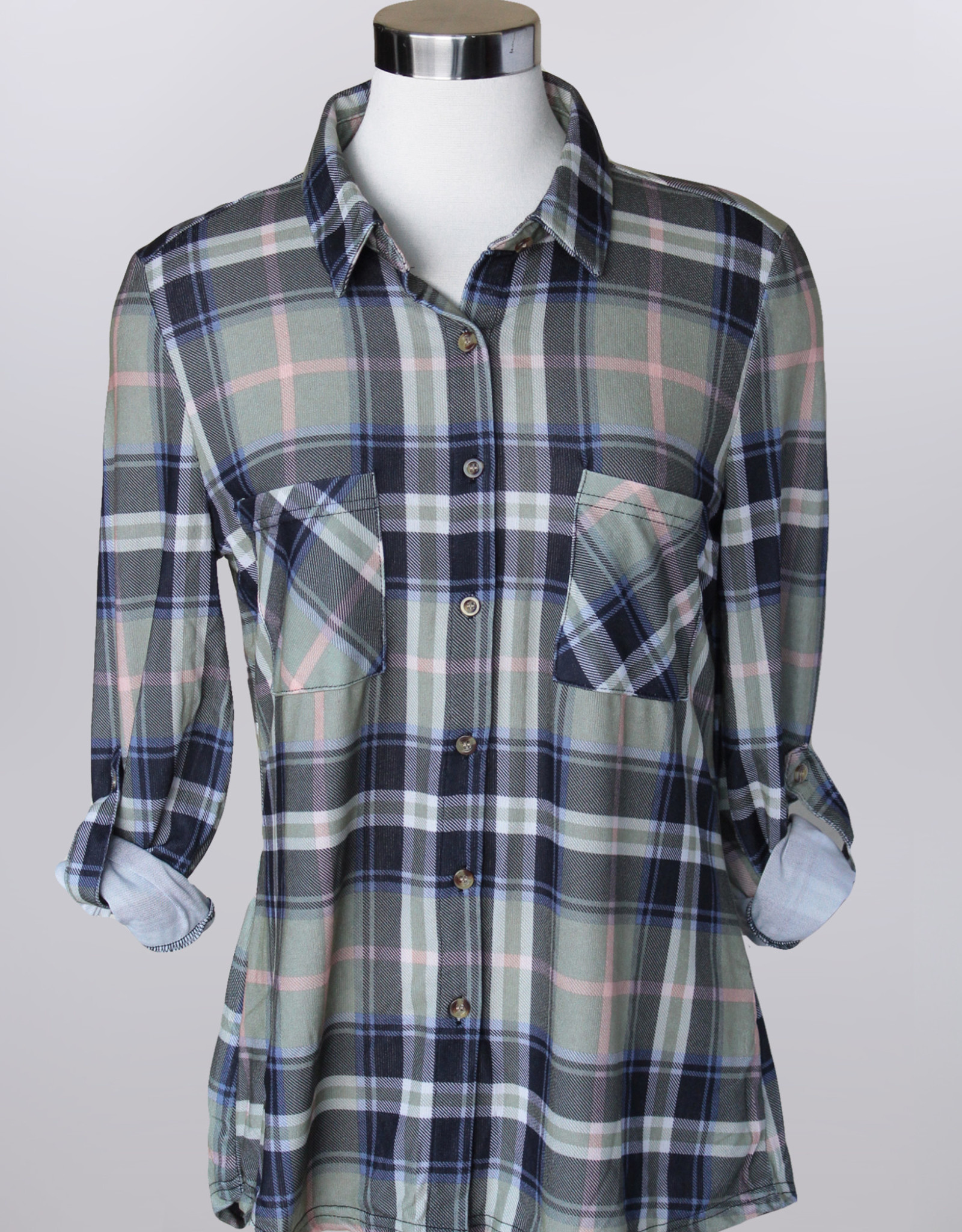 - Sage/Navy Plaid Button-Up Shirt