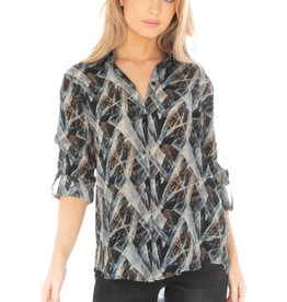 - Black Whimsical Print Roll-Up Sleeve V-Neck Button Down Top
