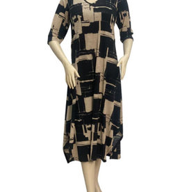 - Black/Beige Block Print A-Line Maxi Dress