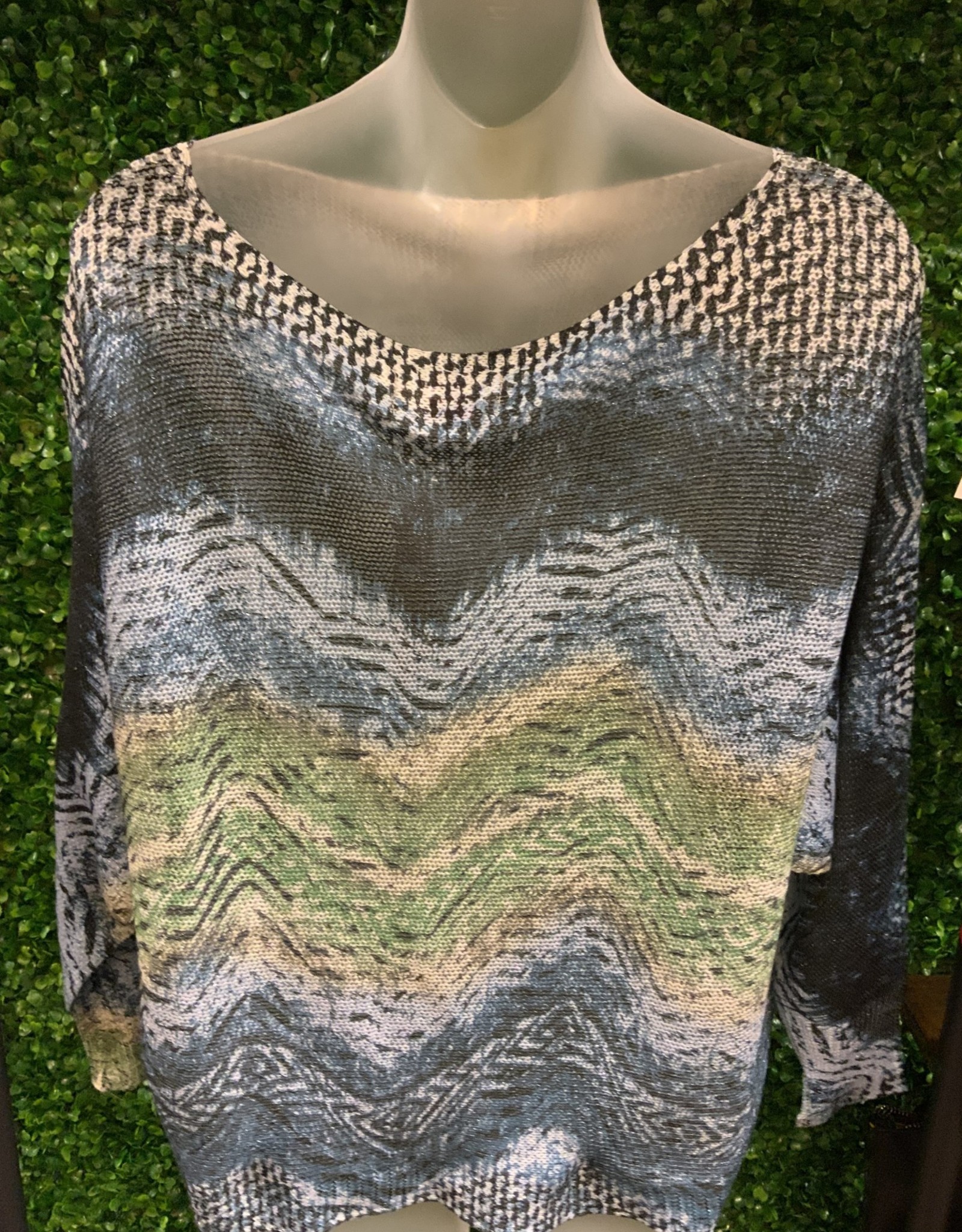 - Navy/Green Wave Print Lurex Sweater