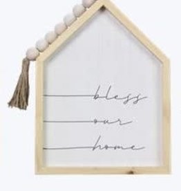 - "Bless Our Home" Wooden House Sign w/Beaded Tassel"