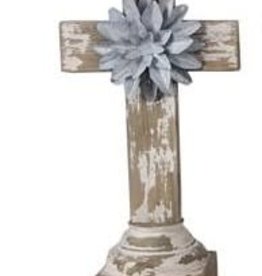 - Distressed Wooden Cross Decor w/Tin Flower Square Bottom