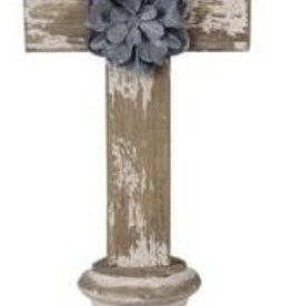 - Distressed Wooden Cross Decor w/Tin Flower Circle Bottom