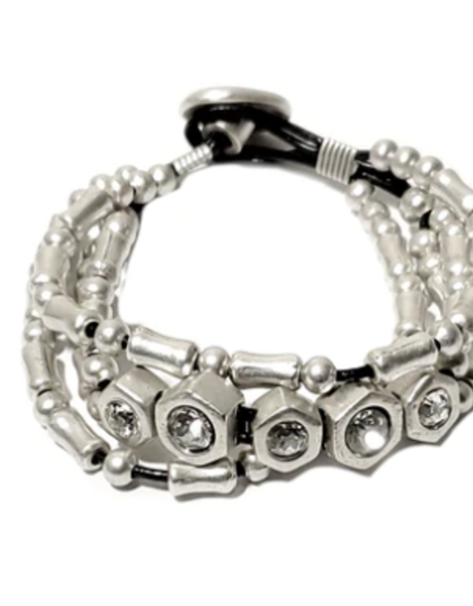 - Pewter Multi Layered Beaded Bracelet W/ Gems