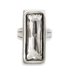 - Pewter Ring W/ Large Smokey Gray Oblong Rectangle  Shaped Gem