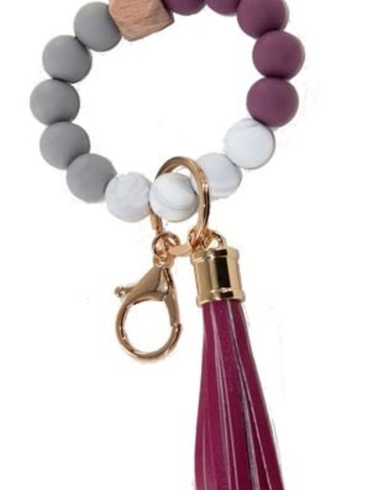 Pink/Grey/White Silicone Beaded Tassel Bracelet Keychain  w/ lobster clasp