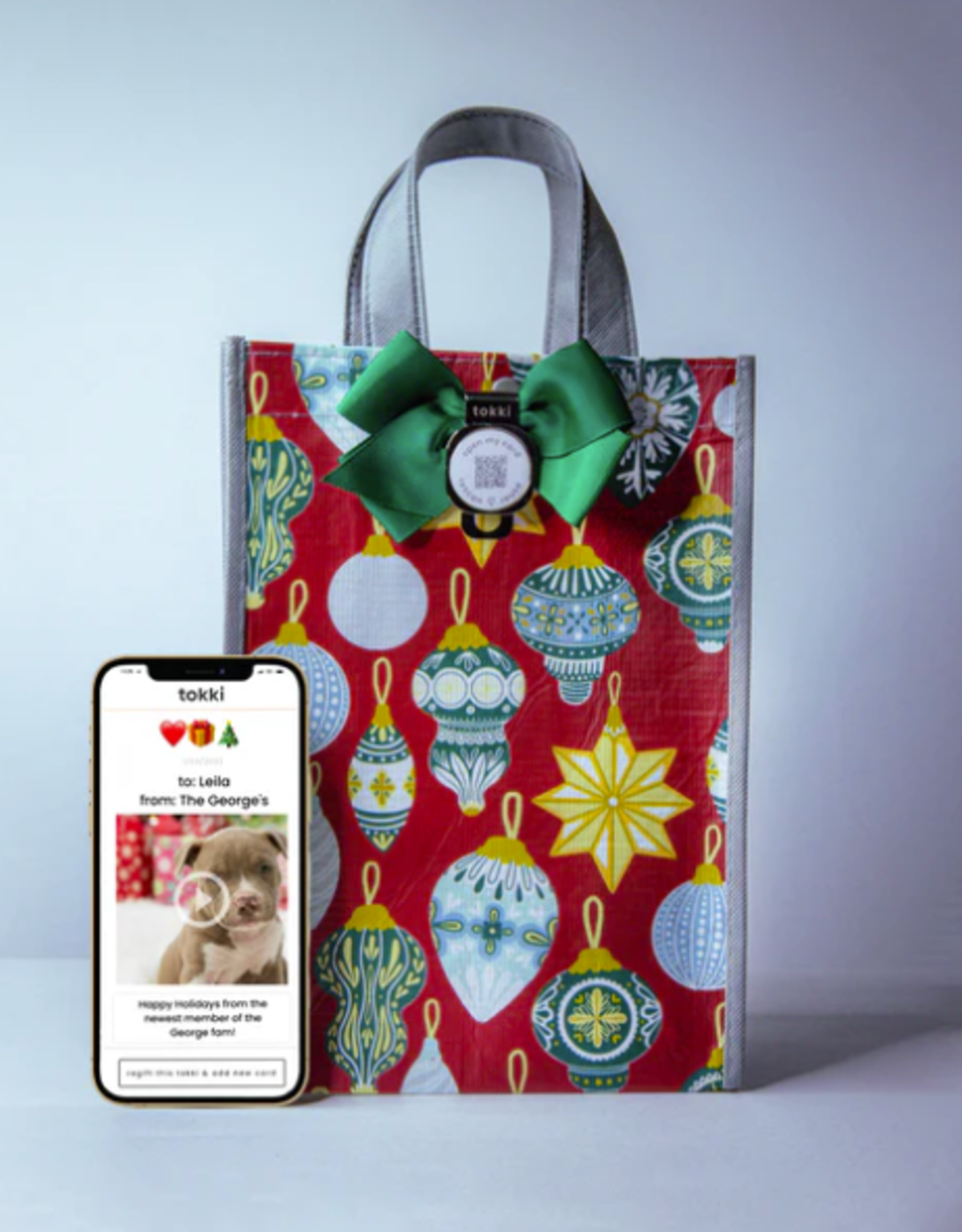 - Red Ornaments Gift Bag w/QR Bow Tag