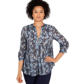 - Shades of Blue Floral Print 3/4 Sleeve  Top