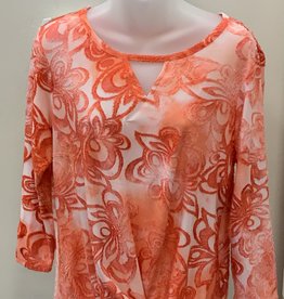 - Coral V-Neck Cut-Out 3/4 Sleeve Twist-Front Textured Top