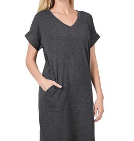 - Charcoal V-Neck Rolled Short Sleeve Dress w/Pockets