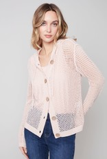Charlie B Pink Blush Picot Knit Hooded Button Up Cardigan w/Drawstring